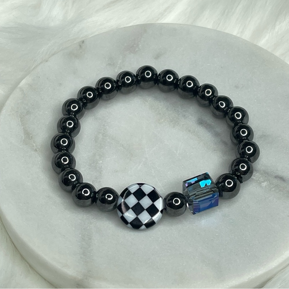 Hematite, Glass and Shell Beaded Stretch Bracelet with Checked and Blue Accents